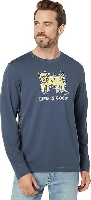 Life is Good Rocket Holiday Lights Long Sleeve Crusher Tee (Darkest Blue) Men's Clothing