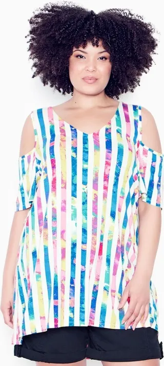 AVENUE | Women's Plus Size Amara Cold Shoulder Tunic - splash stripe - 30W