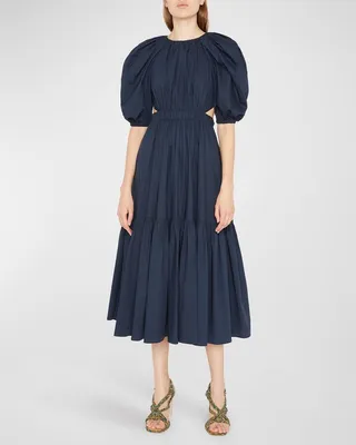 Claire Puff-Sleeve Tiered Midi Poplin Dress