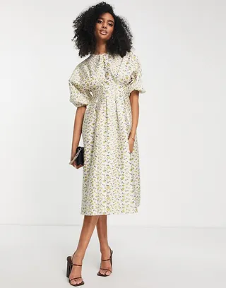 ASOS EDITION ditsy jacquard midi dress with pleat waist in multi