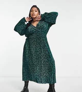 ASOS DESIGN Curve plisse midi wrap dress with tie waist in green spot