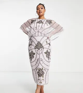 ASOS DESIGN Curve blouson midi dress with art nouveau embellishment in lilac