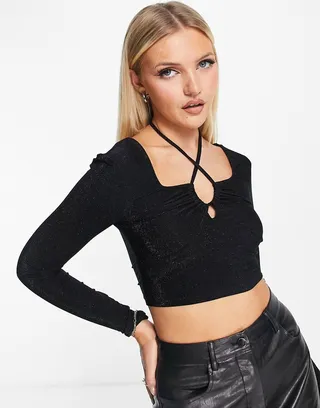 Noisy May halter neck long sleeve crop top in black