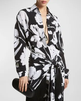 Brushstroke Floral Print Boyfriend Button-Front Shirt