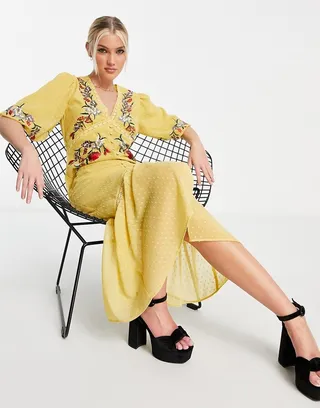 Hope & Ivy Juliana embroidered midi dress in yellow