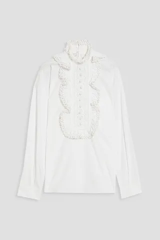 Lace-trimmed ruffled cotton-poplin blouse