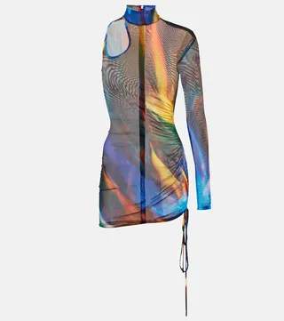 One-shoulder printed mesh minidress
