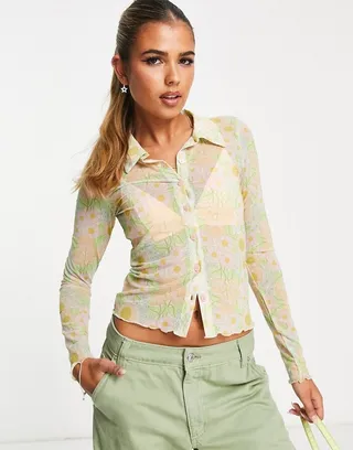 Monki mesh polo shirt in pastel retro floral print