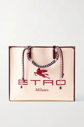 Etro - Globetrotter Leather-trimmed Embroidered Canvas Tote - Cream