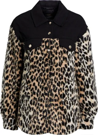 Gabardine-paneled leopard-print faux shearling jacket