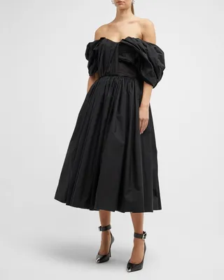 Draped Poplin Off-Shoulder Midi Dress