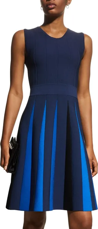 Contrast-Pleated Fit-&-Flare Knit Dress
