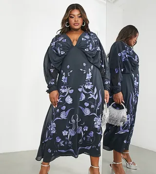 ASOS EDITION Curve batwing chiffon midi dress with floral embroidery in petrol blue
