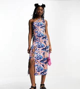 COLLUSION satin asymmetric strap detail midi dress in print