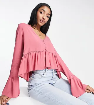 ASOS DESIGN Tall long sleeve smock top with button front and peplum hem in dusky rose