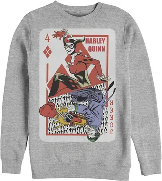 Men's Batman Harley Quinn Joker Poker Card Sweatshirt - Athletic Heather - 3X Large
