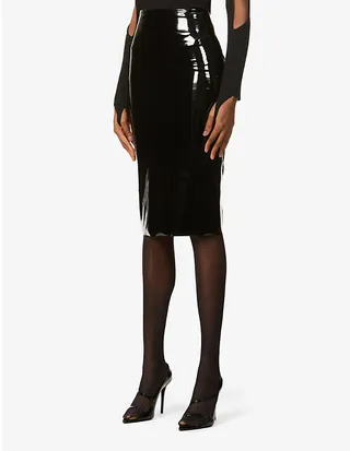Womens Black High-waisted tretch-patent Midi kirt