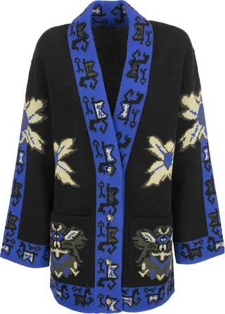 Wool jacquard knit coat with geometrically placed motifs and embellished with Pegasus buttons.
