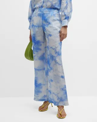 Cloud-Print Wide-Leg Linen Pants