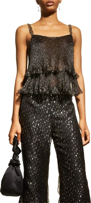 Beaded Metallic Plisse Tiered Blouse