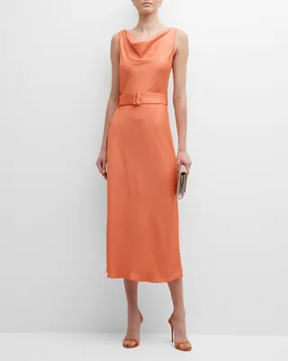 Cowl-Neck Belted Satin Bias Midi Dress