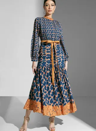 Floral Print Tiered Belted Dress