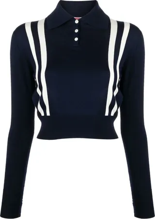 Stripe-Trim Wool Polo Top