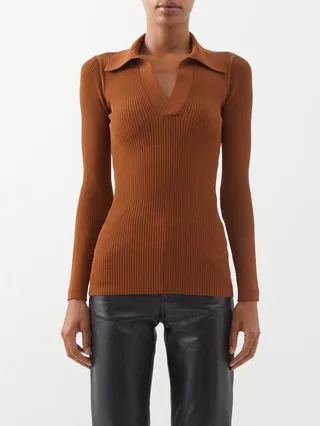 Open-collar Ribbed-crepe Polo Shirt