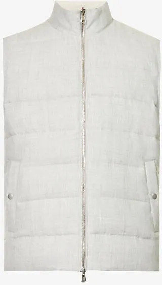 Mens Gray And Sand Reversible Funnel-neck Linen Gilet