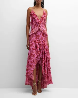 Ruffle-Trim Paisley-Print High-Low Maxi Dress