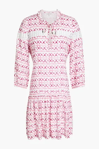 Crochet-trimmed printed voile mini dress