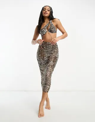 South Beach mesh ruched side midi skirt in leopard