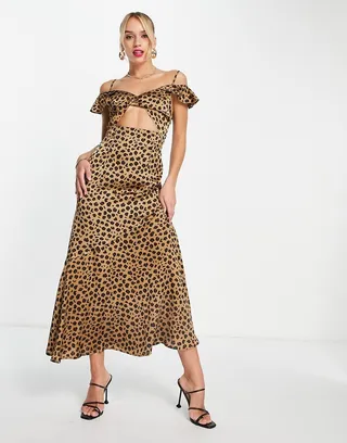 Never Fully Dressed ruffle sleeve cut-out maxi dress in leopard