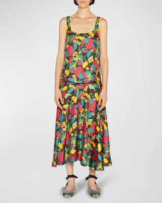 Twirl Floral-Print Square-Neck Silk Tank Top