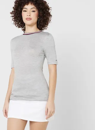 Round Neck Stripe Detail T-Shirt