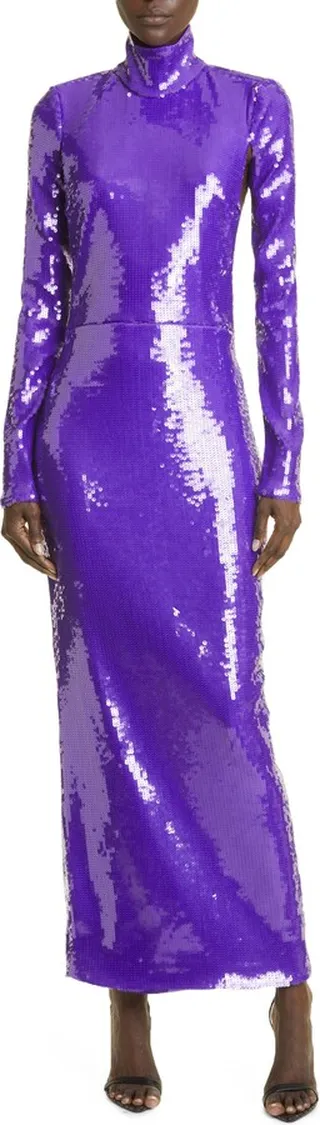 Sequin Mock Neck Long Sleeve Cutout Column Gown