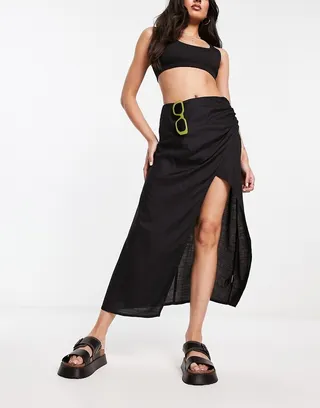ASOS DESIGN natural slub ruched side midi skirt in black