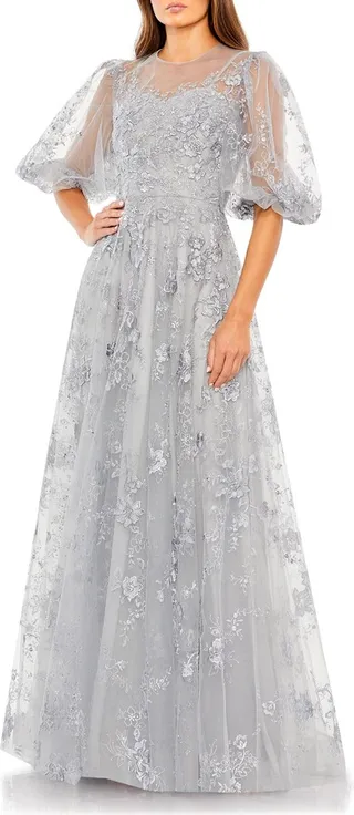 Floral Embroidery Mesh A-Line Gown