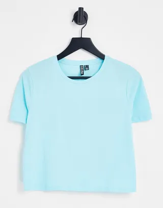 Pieces cropped t-shirt in turquoise