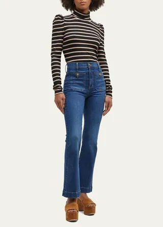 Cedar Striped Puff Sleeve Turtleneck Top