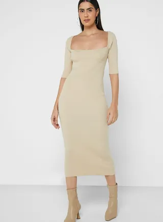 Square Neck Ribbed Bodycon Dress