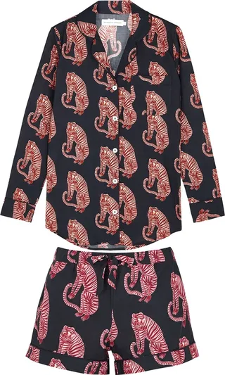 Desmond & Dempsey Sansindo Tiger Printed Navy Cotton Pyjama Set