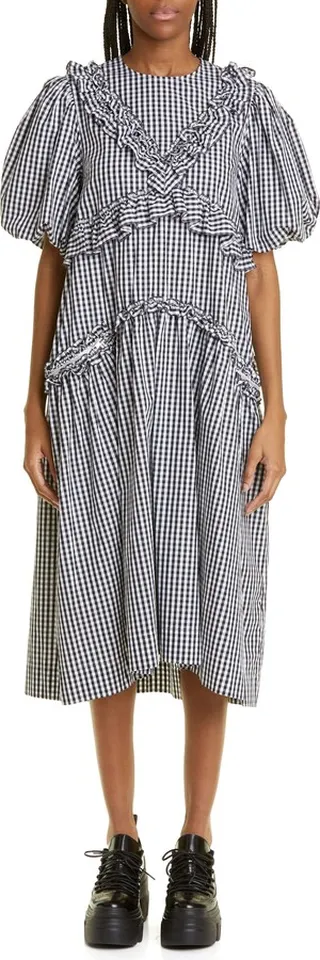 Puff Sleeve Ruffle Trim Gingham Check Midi Dress