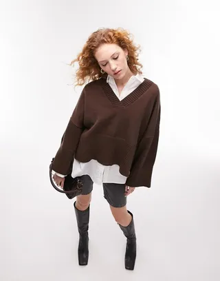 Topshop knitted notch detail v neck longline sweater in chocolate
