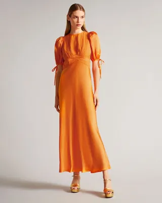 Tie Detail Satin Tea Dress in Orange
