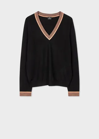 Women's Black Contrast V Neck Sweater
