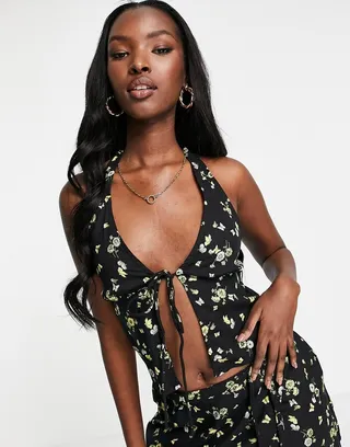 Motel halter neck 90s crop top in lemon black floral