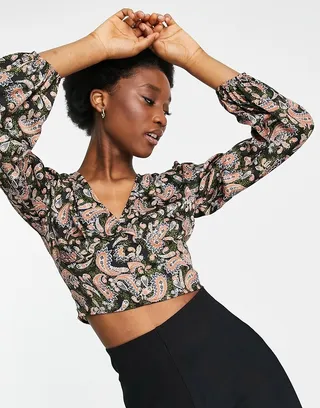 Stradivarius satin button detail romantic blouse in dark paisley