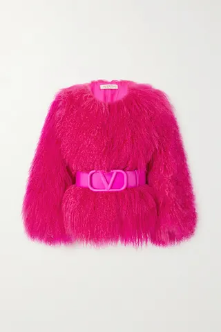 Valentino Garavani - Belted Leather-trimmed Shearling Coat - Pink