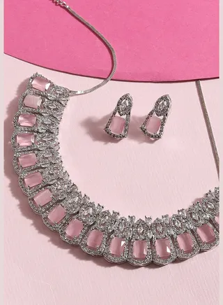 Silver Plated American Diamond and Designer Stone Party Necklace and Earring Set For Women